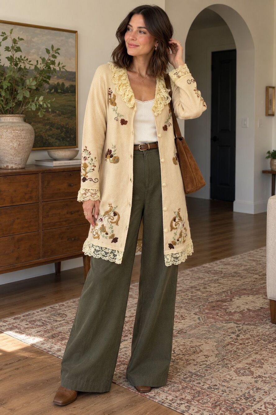 Vintage Storybook Knits Embroidered Beaded Lace Duster Cardigan Cottagecore XS